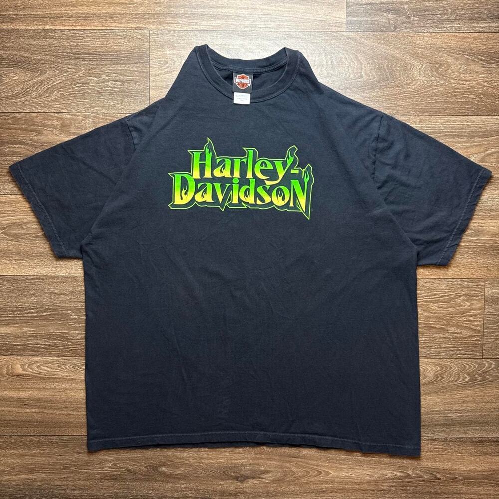 Black Harley Davidson Tee with Green & Yellow Flame Logo